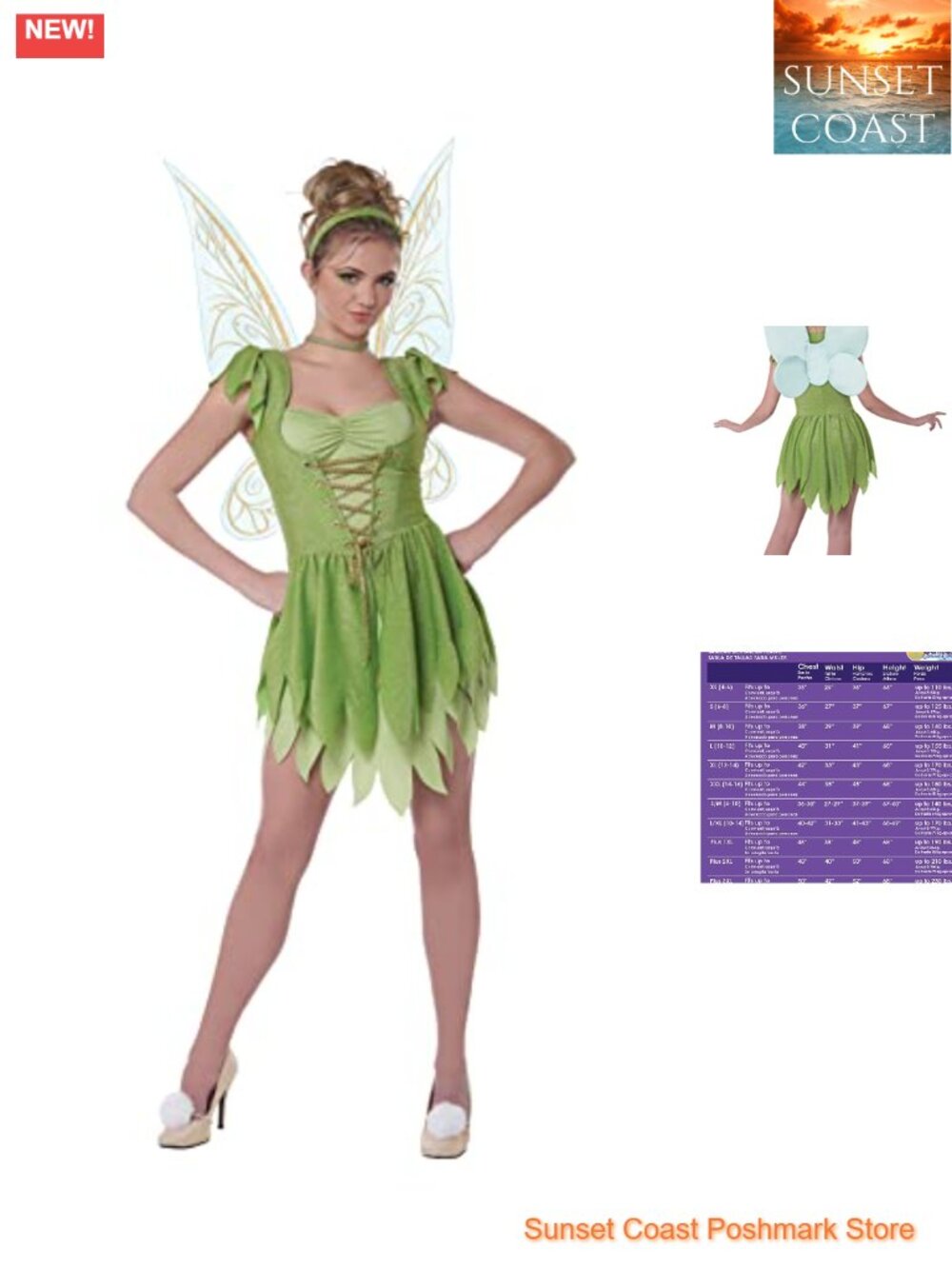 Classic Tinkerbell Costume Dress Corset Wings Headband Shoe Pom-Poms